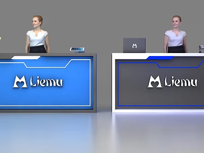 Modern Jiemu Reception Desks With Blue Gray Design And Staff And Devices 3d model