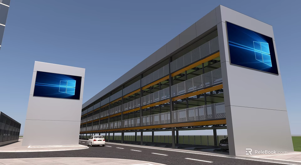 Modern Multi Story Parking Garage With Gray Exterior Yellow Railings And Blue Screens 3d model 