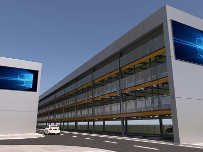 Modern Multi Story Parking Garage With Gray Exterior Yellow Railings And Blue Screens 3d model