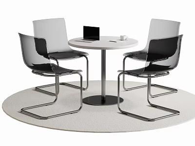 Round Table And Transparent Chairs Set With Laptop Cup On White Top And Round Rug 3d model
