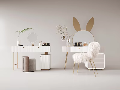 Modern White Dressing Table with Gold Legs Round Mirror and Fluffy Chair 3d model
