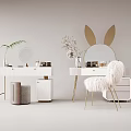 Modern White Dressing Table with Gold Legs Round Mirror and Fluffy Chair