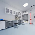 Modern Laboratory Interior Design With Lab Benches Equipment And Blue Flooring 3d model