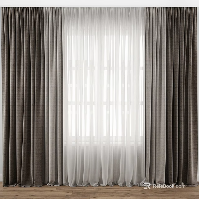 Stylish Window Curtains With Dark Gray Outer And White Sheer Inner Layers 3d model