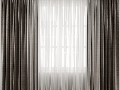 Stylish Window Curtains With Dark Gray Outer And White Sheer Inner Layers 3d model
