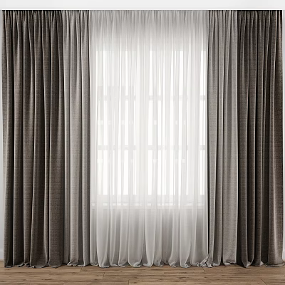 Stylish Window Curtains With Dark Gray Outer And White Sheer Inner Layers 3d model