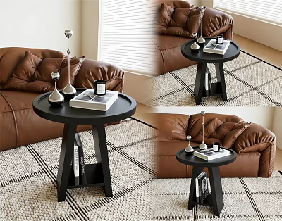 Black Round Side Table With Table Lamp Books And Decorations By Leather Sofa 3d model