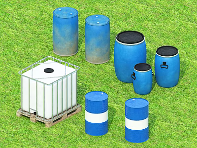 Industrial Equipment Featuring Blue Storage Drums Various Sizes and White Rectangular Tank 3d model