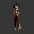Red Haired Witch In Black Pointed Hat And Red Black Outfit Holding Broomstick