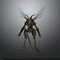 Mechanical Insect Character With Blue Wings Yellow Metallic Body And Sword Standing On Reflective Ground