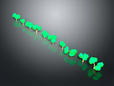 Green Small Plants Arranged In Line With Reflections On Dark Background 3d model