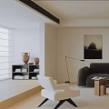 Modern Living Room Design With Black Sofa White Accent Chairs Area Rug And Wall Art