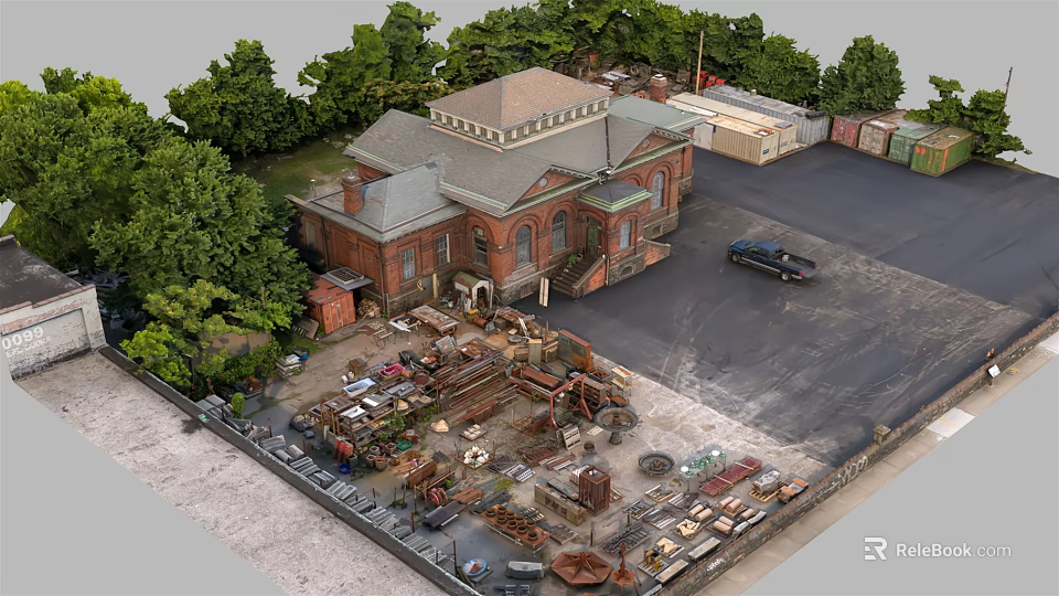 Red Brick Industrial Factory Building Surrounded by Trees With Black Vehicle and Machinery Yard 3d model 