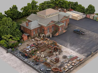 Red Brick Industrial Factory Building Surrounded by Trees With Black Vehicle and Machinery Yard 3d model