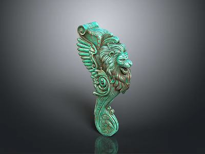 Artistic Green Lion Head Sculpture Carving With Decorative Wings And Intricate Curved Patterns 3d model