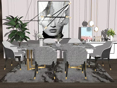 Modern Elegant Dining Table Set With Chairs Artwork Pendant Lights Green Plants And Rug 3d model