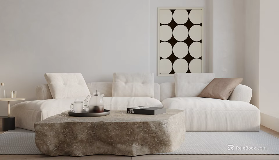 White Sectional Sofa With Cushions And Stone Coffee Table Featuring Circular Pattern Wall Art 3d model 