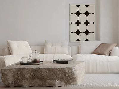 White Sectional Sofa With Cushions And Stone Coffee Table Featuring Circular Pattern Wall Art 3d model