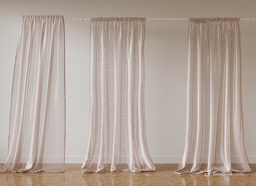 Sheer Light Pink Curtain Panels Hanging On White Rod With White Wall And Wooden Floor 3d model 