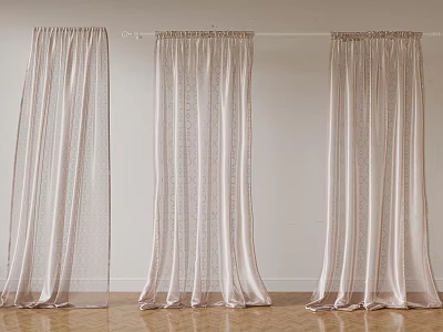 Sheer Light Pink Curtain Panels Hanging On White Rod With White Wall And Wooden Floor 3d model