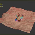 Miniature Terrain Model with Small Wooden Buildings and Textured Surface Layout Design