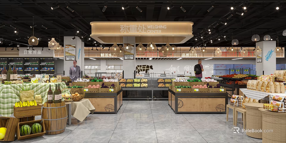 Supermarket Interior With Weighing Area Fresh Fruits Vegetables And Display Shelves 3d model 