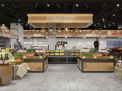 Supermarket Interior With Weighing Area Fresh Fruits Vegetables And Display Shelves 3d model