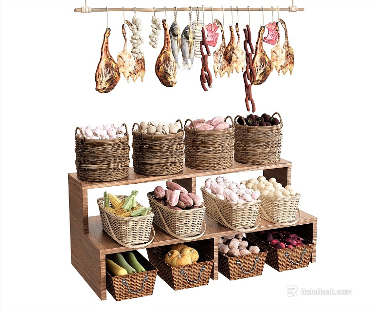 Fresh Vegetables Display on Wooden Shelf with Woven Baskets and Various Produce 3d model 