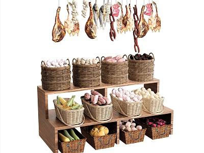 Fresh Vegetables Display on Wooden Shelf with Woven Baskets and Various Produce 3d model