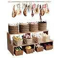Fresh Vegetables Display on Wooden Shelf with Woven Baskets and Various Produce