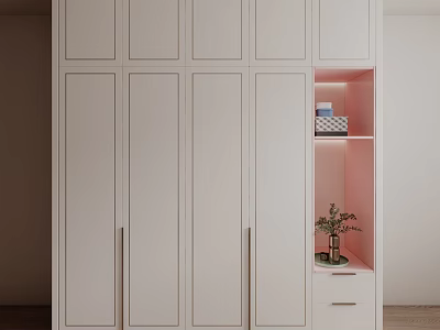 Modern White Wardrobe With Whole Design Open Shelf Lighting And Decorations 3d model