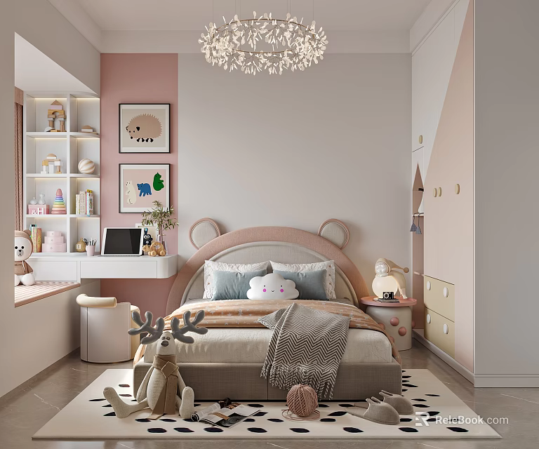 Pink And White Kids Room Interior With Bear Ear Bedhead Chandelier And Toy Shelves 3d model 