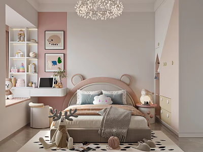 Pink And White Kids Room Interior With Bear Ear Bedhead Chandelier And Toy Shelves 3d model