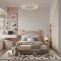 Pink And White Kids Room Interior With Bear Ear Bedhead Chandelier And Toy Shelves