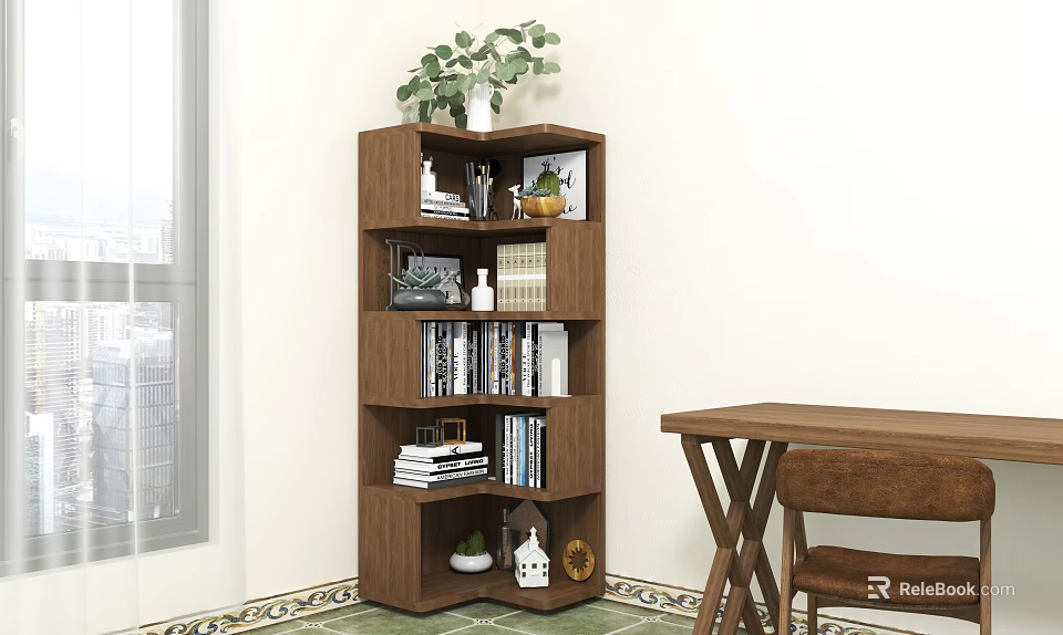 Wooden Shelving Unit With Multiple Layers Books Decorations And Potted Plant 3d model 