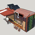 Food Truck Exterior With Red Awning Chef And Counter Stools Fruits