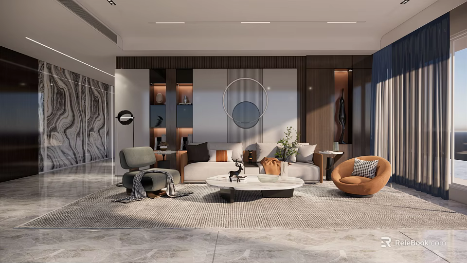 Modern Living Room Interior With Cozy Sofa Armchairs Marble Wall And Round Mirror 3d model 