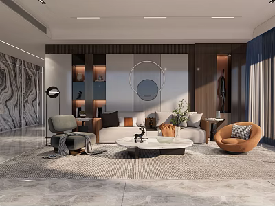 Modern Living Room Interior With Cozy Sofa Armchairs Marble Wall And Round Mirror 3d model