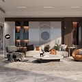Modern Living Room Interior With Cozy Sofa Armchairs Marble Wall And Round Mirror
