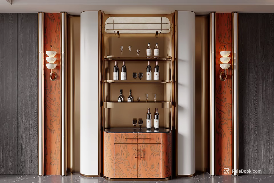 Modern Luxury Wine Cabinet With Wooden Panels Gold Accents And Bottle Glassware Storage 3d model 
