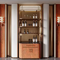Modern Luxury Wine Cabinet With Wooden Panels Gold Accents And Bottle Glassware Storage