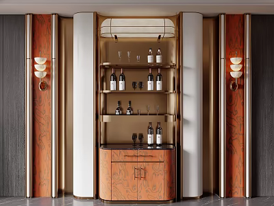 Modern Luxury Wine Cabinet With Wooden Panels Gold Accents And Bottle Glassware Storage 3d model