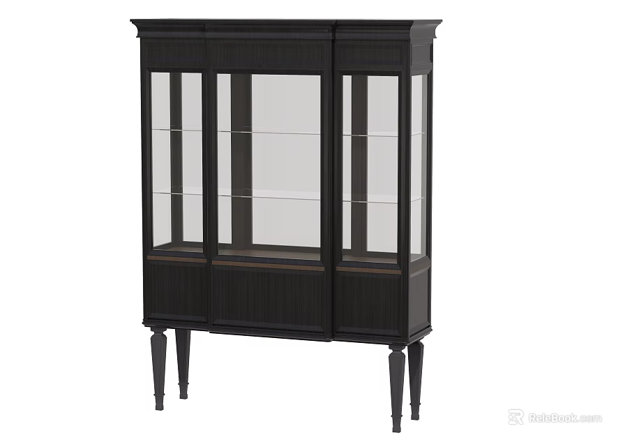 Classic Black Display Cabinet With Glass Doors Lower Storage And Tapered Legs 3d model 