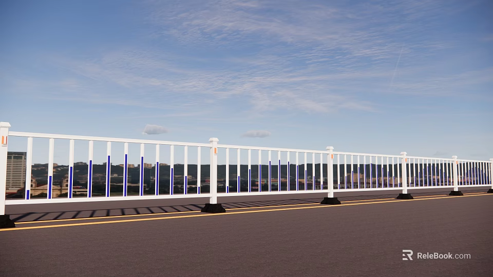 White Metal Fence With Posts Along Road Under Blue Sky And White Clouds 3d model 