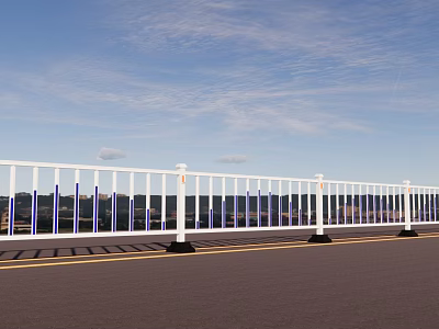 White Metal Fence With Posts Along Road Under Blue Sky And White Clouds 3d model
