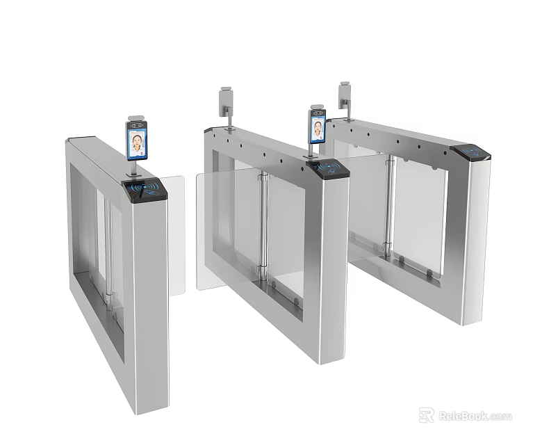 Modern Public Facility Turnstile With Glass Barriers And Access Control System 3d model 