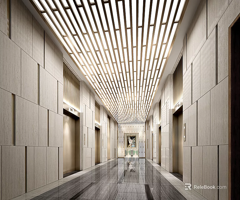 Modern Elevator Lobby Featuring Wooden Slat Ceiling Light Panel Walls and Polished Marble Flooring 3d model
