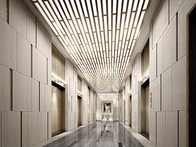 Modern Elevator Lobby Featuring Wooden Slat Ceiling Light Panel Walls and Polished Marble Flooring 3d model
