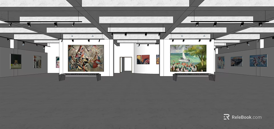 Art Gallery Exhibition Space With Paintings On Walls And Ceiling Lighting 3d model 