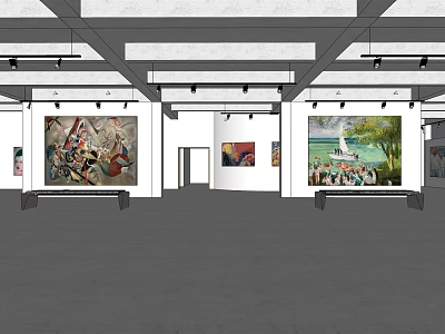 Art Gallery Exhibition Space With Paintings On Walls And Ceiling Lighting 3d model